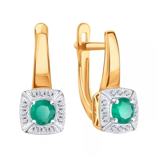 Серьги с фианитом и агатом из золота