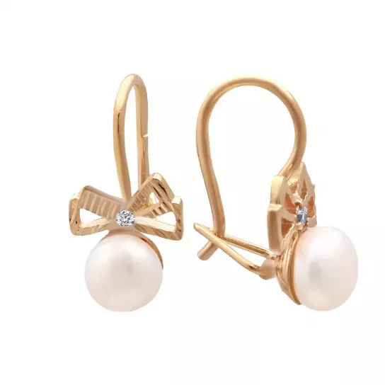 Серьги детские с фианитом и жемчугом из золота