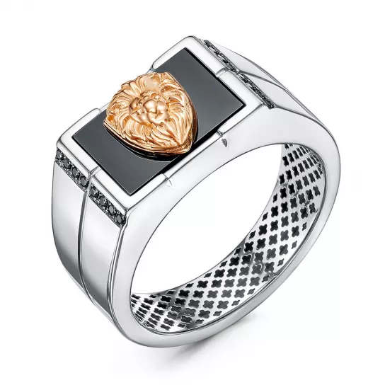 Кольцо-печатка с фианитом и ониксом из золота